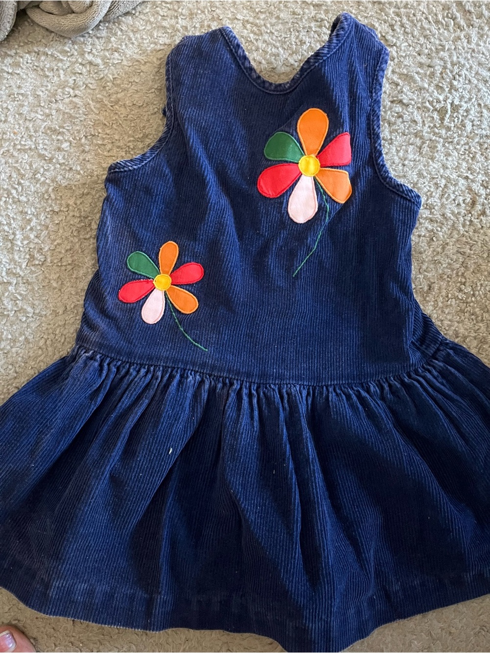 Vintage 4T Navy Corduroy Girls Dress with Colorful Flower Appliqués